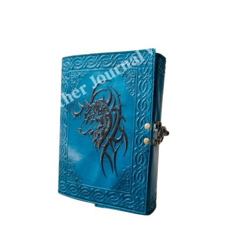 Leather Journal Celtic Embossed Wolf Print Blue Genuine Deckle Paper Book of Shadows Blank Antique Notebooks Writing planner