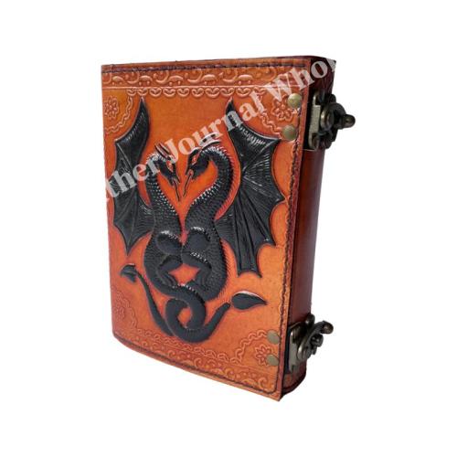 DND Celtic wiccan journals for writing vintage leather book of spells prop Black Orange Dragon handmade deckle Art Paper Diary