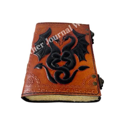 DND Celtic wiccan journals for writing vintage leather book of spells prop Black Orange Dragon handmade deckle Art Paper Diary