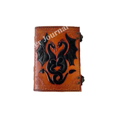 DND Celtic wiccan journals for writing vintage leather book of spells prop Black Orange Dragon handmade deckle Art Paper Diary