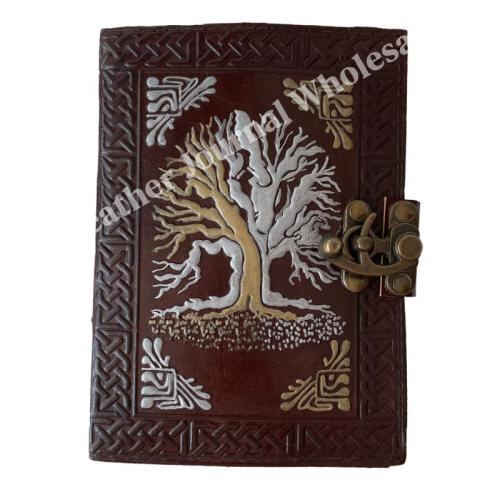 Vintage Handmade Design Tree Of Life Leather Silver Brown Embossed Blank Paper Leather Journal Diary planner