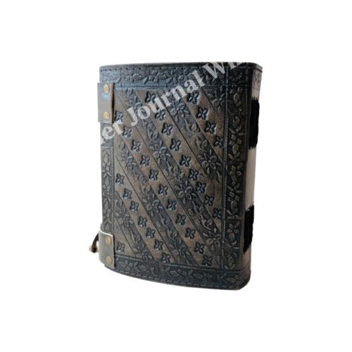 Embossed Leather Journal Antique Charcoal Book of Shadows Vintage Prop Handmade Paper Personal Organizer Gift for Him her