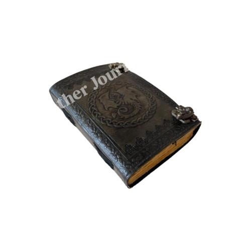 DND Leather Journal Dragon Antique Embossed Charcoal Book of Shadows Prop Handmade Paper Personal Organizer Gift for Him her