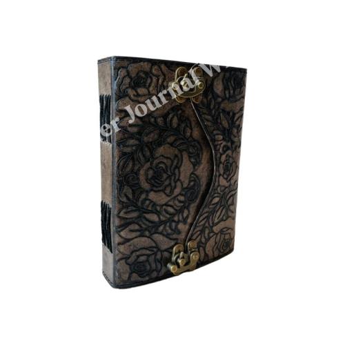 Flower Leather Journal Antique Embossed Charcoal Book of Shadows Prop Handmade Paper Personal Organizer Gift for Him her