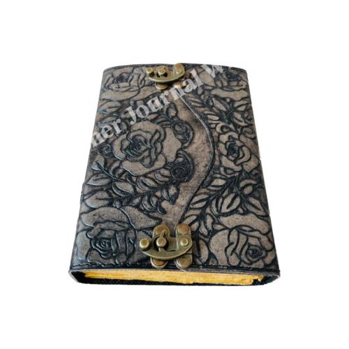 Flower Leather Journal Antique Embossed Charcoal Book of Shadows Prop Handmade Paper Personal Organizer Gift for Him her