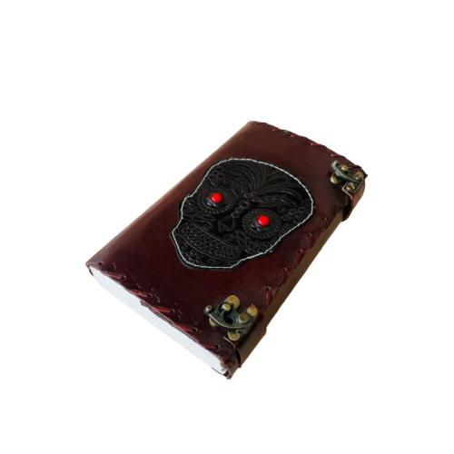Handmade Gothic Skull Leather Journal with Lock – Red Stone Eyes, Vintage Diary, Halloween Notebook, Dark Art Sketchbook